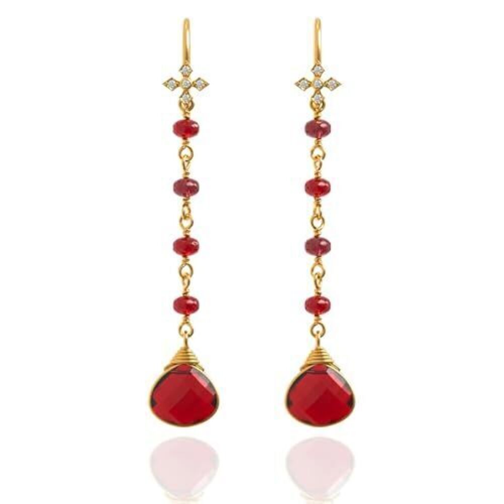 5560 Garnet Earrings in Heart Long Chain Dangle Shape - 18K Gold Vermeil